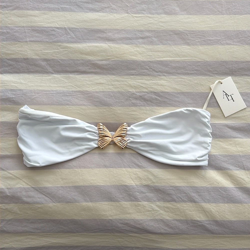 White Bandeau Swim Top with Gold Butterfly Accent